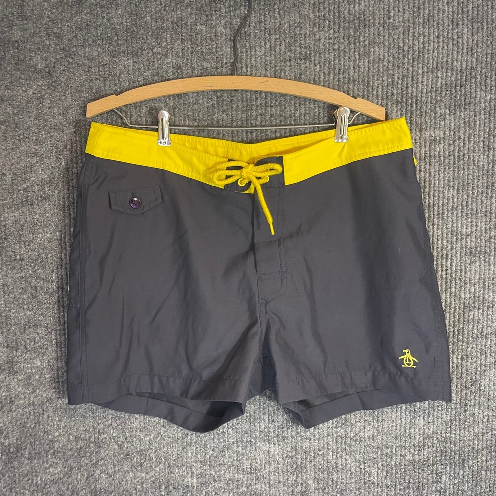 Original Penguin Swim Trunks 3" Inseam Mens 34 Grey Yellow Board Shorts Liner